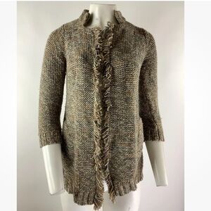 Anthropologie Sz XS Fringe Hem Open Face Cardigan Brown Wool Linen Blend
